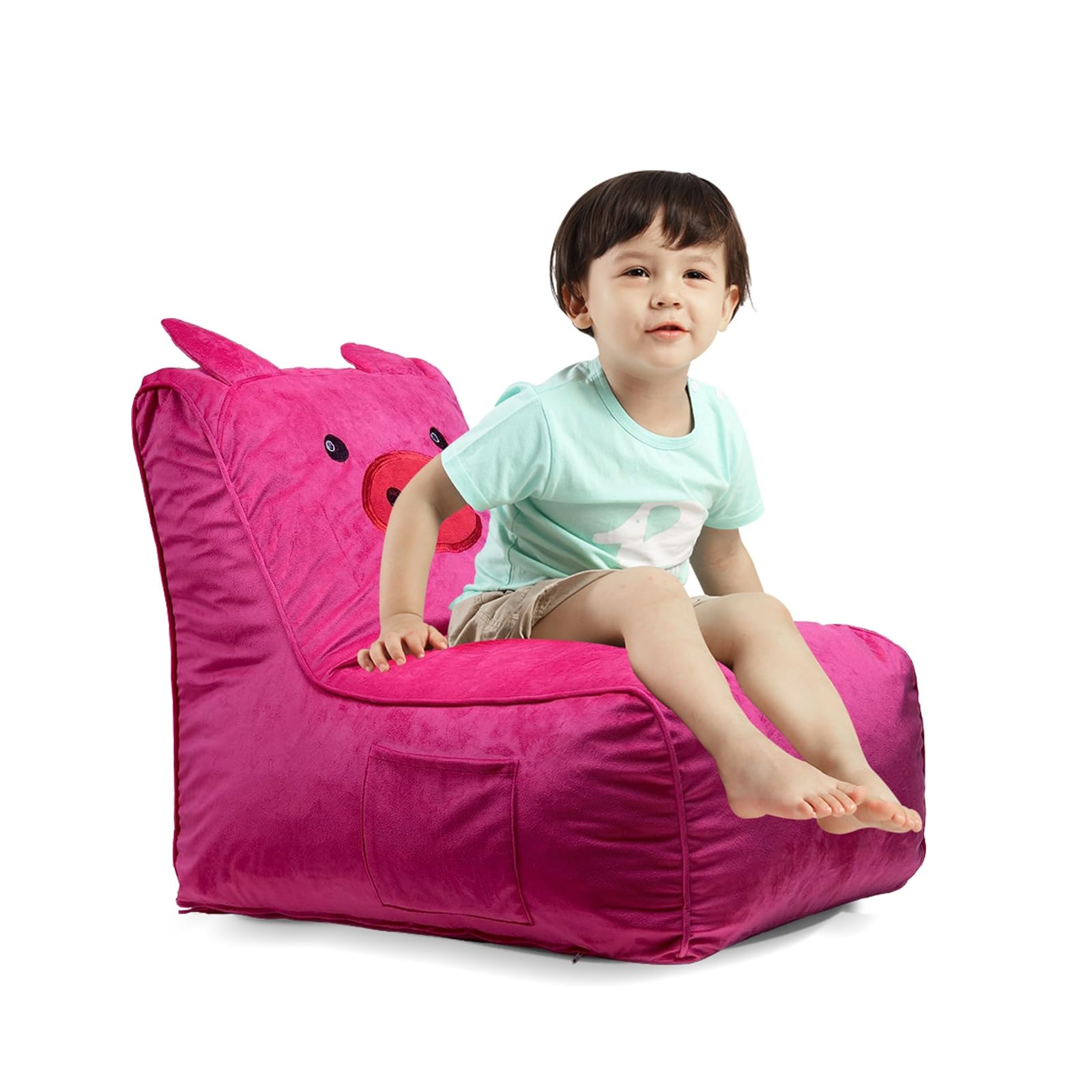 Cvortll Bean Bag Chair for Kids, Cute Pig L-Shape Animal Bean Bag Sofa with Top Handles and Side Pockets, Cute Soft and Comfy Bean Bag Chair with Filler Included, Ages 1+ Children's Day Gifts