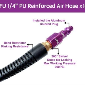 SANFU Polyurethane(PU) Air Hose 1/4-Inch x 100ft Reinforced, lightweight Anti-low temperature 300PSI with 1/4” Swivel Industrial Aluminum Quick Coupler and Plug, Bend Restrictor,Purple(100’)