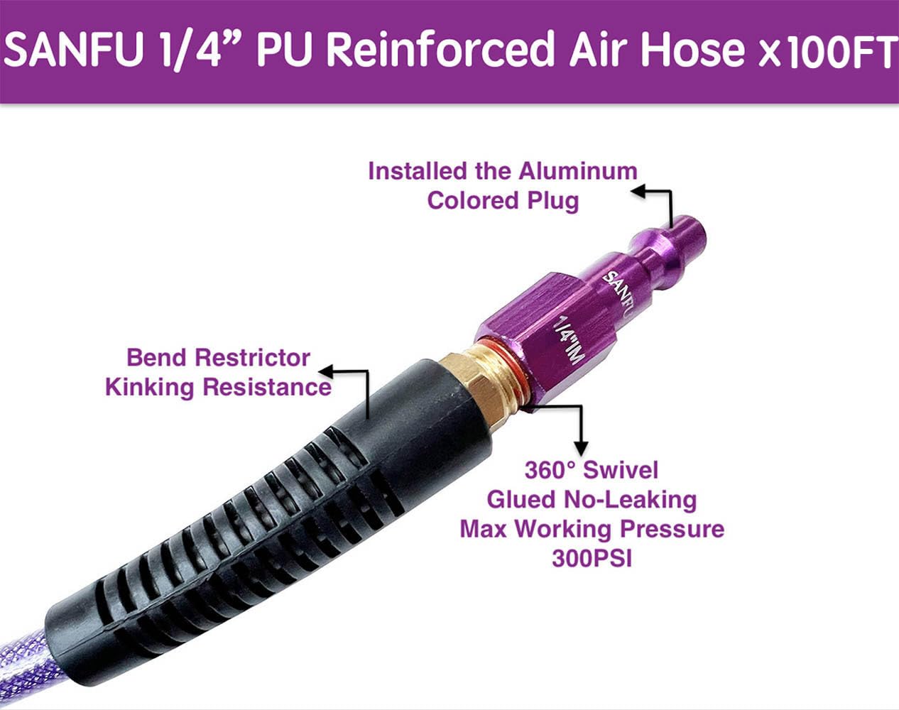 SANFU Polyurethane(PU) Air Hose 1/4-Inch x 100ft Reinforced, lightweight Anti-low temperature 300PSI with 1/4” Swivel Industrial Aluminum Quick Coupler and Plug, Bend Restrictor,Purple(100’)