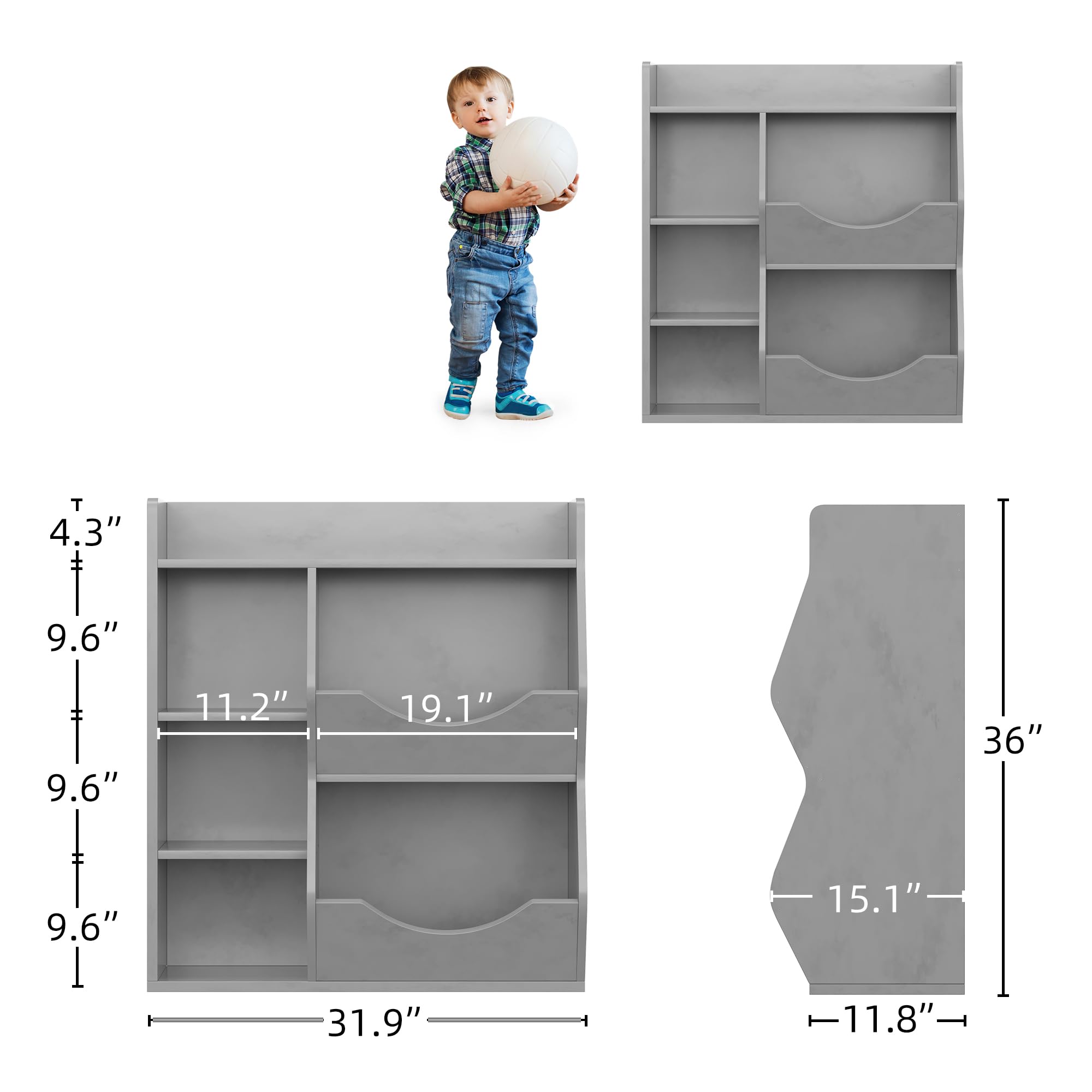 IDEALHOUSE 5-Cubby Kids Bookshelf and Bookcase for Storage Books and Toys, Toy Storage Organizer for Boys and Girls, Multi Shelf for Playroom, Bedroom, Nursery and Kid's Room (Grey)