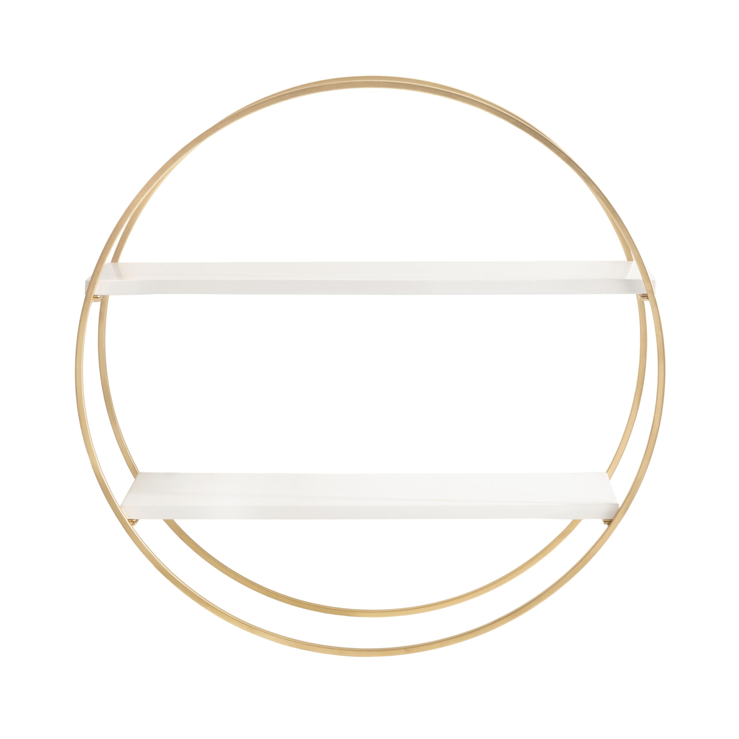 Kate and Laurel Sequoia Modern Round Wall Shelf, 24 Inch Diameter, White and Gold, Contemporary Glam 2-Tier Floating Shelf Decor for Living Room, Bedroom, or Bathroom Display