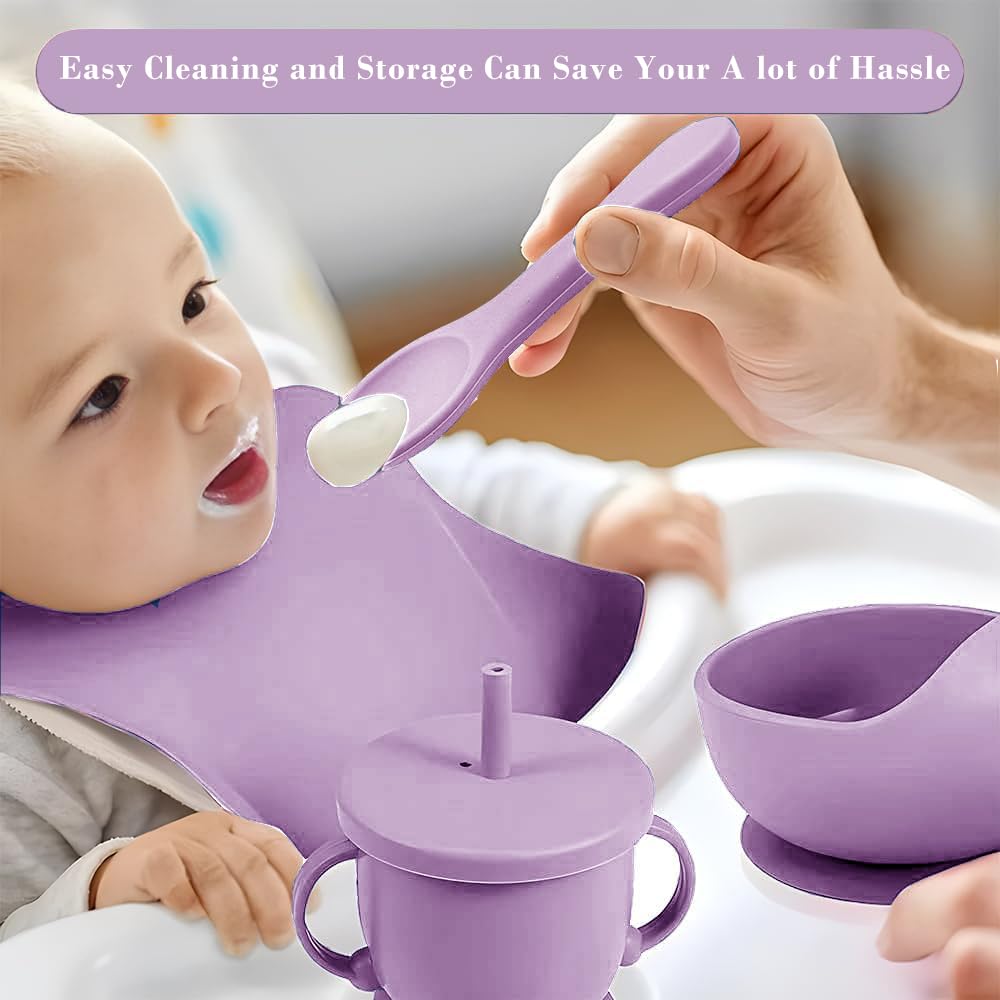 MIICASA Silicone Baby Feeding Set, Baby Led Weaning Supplies Kit With Suction Bowl & Car Plate, Bib, Spoon, Fork, Cup - Food-Grade Silicone, Dishwasher-Safe, No BPAs - For 3+ Months