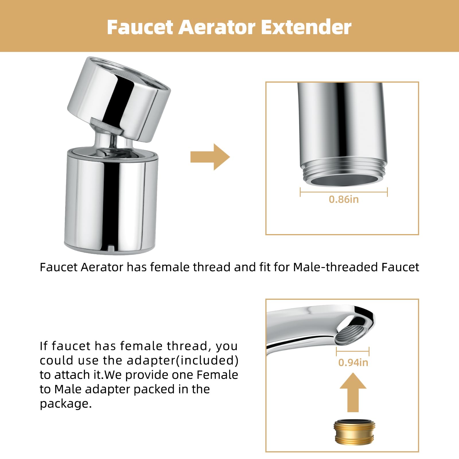 Hibbent NSF/ANSI/CAN 61 Certified Faucet Aerator, CUPC Certification 2-Flow Sink Faucet Aerator, 360° Swivel Kitchen Sink Sprayer Attachment, Faucet Replacement Part 55/64" Female Thread - Chrome