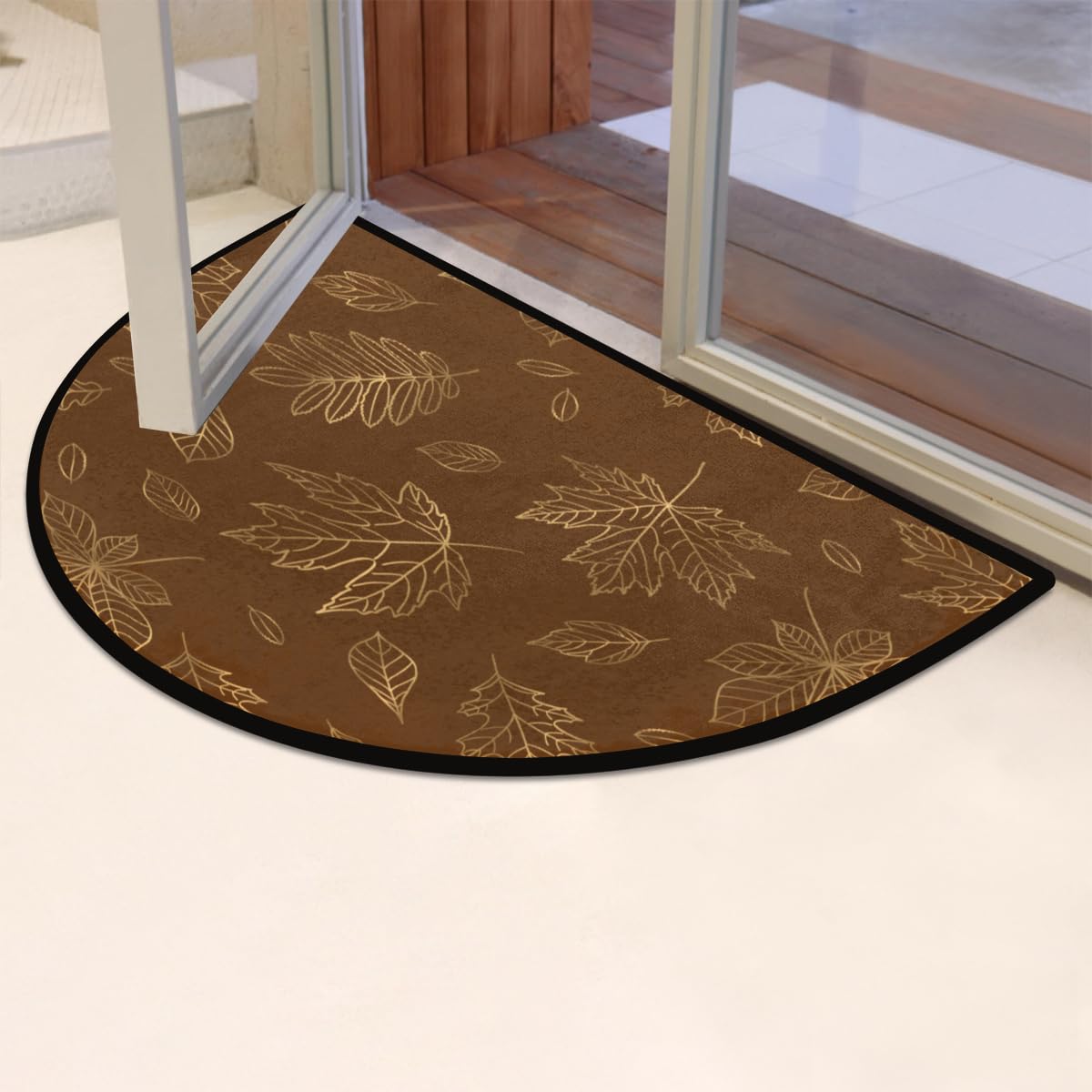 PuseTaer Fall Autumn Brown Maple Half Round Door mat Non-Slip Soft Half Circle Area Rug Washable Durable Decor Half Moon Hearth Rugs for Floor Indoor Living Room Bedroom Kitchen Fireplace Rug