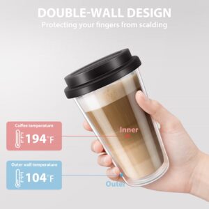 Double Walled Glass Coffee Mugs with Silicone Lids,12 OZ 2 Packs Insulated Drinking Coffee Cups with Lids, Dishwasher Safe Reusable Glass Iced Coffee Cups for Morning Coffee, Hot or Cold Drink