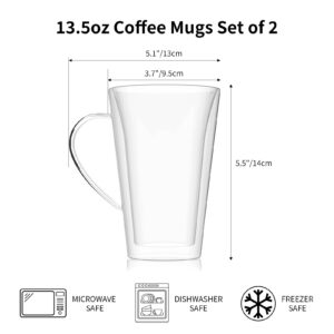 HORLIMER Double Walled Glass Coffee Mugs, 13.5oz Insulated Clear Coffee Cups with Handle Set of 2, Perfect for Espresso, Cappuccino, Latte, Tea, Hot Beverages