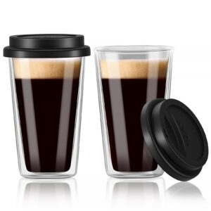 double walled glass coffee mugs with silicone lids,12 oz 2 packs insulated drinking coffee cups with lids, dishwasher safe reusable glass iced coffee cups for morning coffee, hot or cold drink