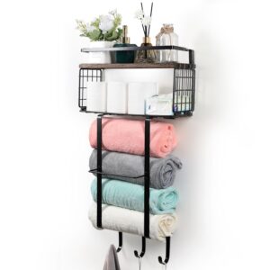 behaesty towel racks for bathroom, wall towel holder for rolled towels with wooden shelf & 3 hooks, bathroom towel storage for large towels, small towels, hand towels, bath organizer decor