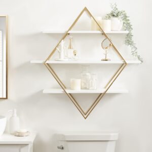 Kate and Laurel Daxton Modern Wood and Metal Diamond Wall Shelf, 31 x 8 x 31, White and Gold, Glam Geometric Wall Organization for Bathroom Storage or Living Room Display