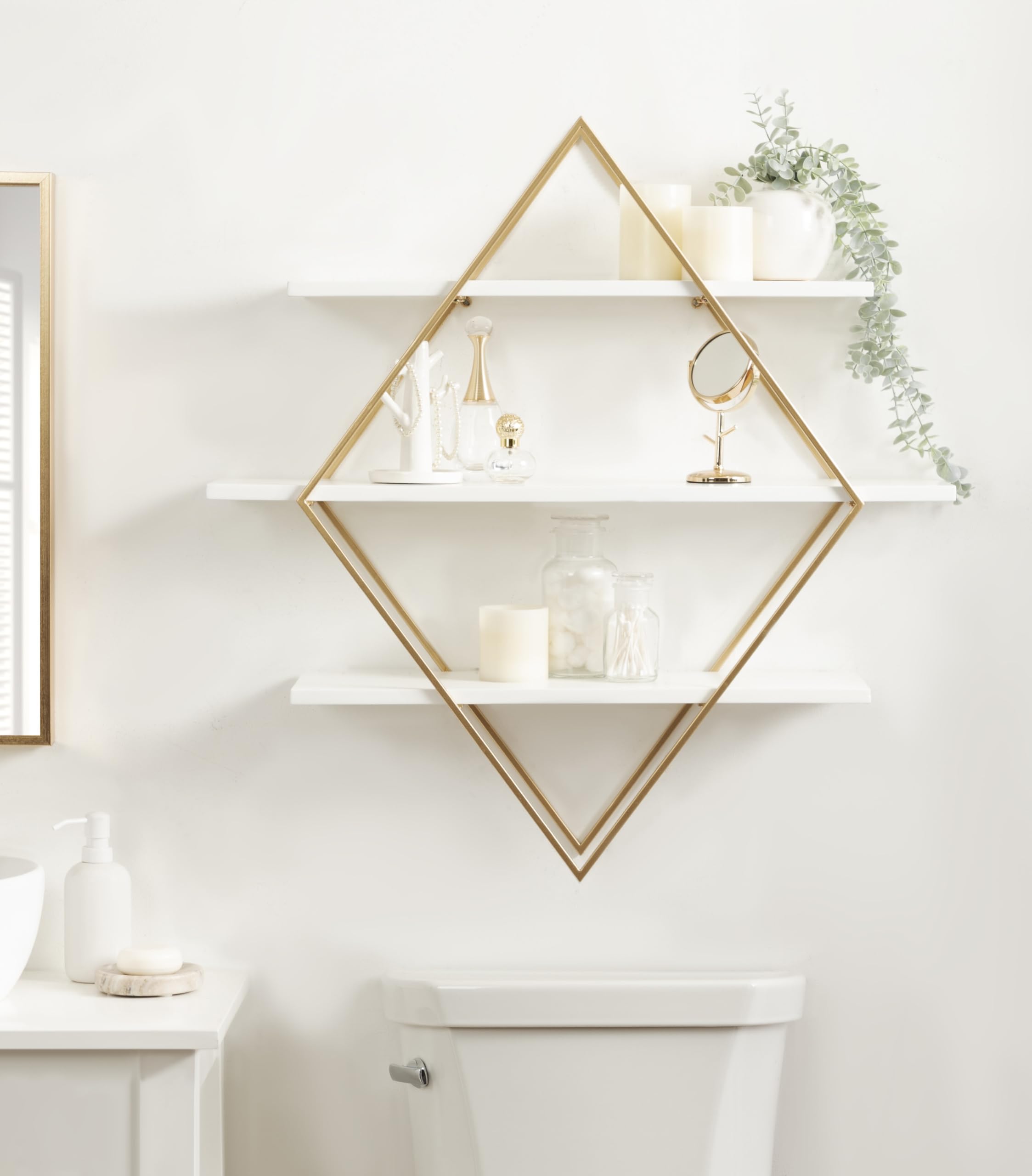 Kate and Laurel Daxton Modern Wood and Metal Diamond Wall Shelf, 31 x 8 x 31, White and Gold, Glam Geometric Wall Organization for Bathroom Storage or Living Room Display