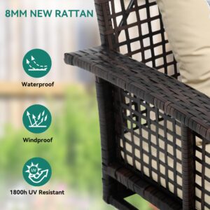 YITAHOME Porch Swing Hanging Bench Swing Outdoor Wicker Patio Swing Lounge Front Rattan Swing w/ 2 Back Cushions Capacity 530lbs for Garden, Balcony, Brown Rattan Beige Cushion