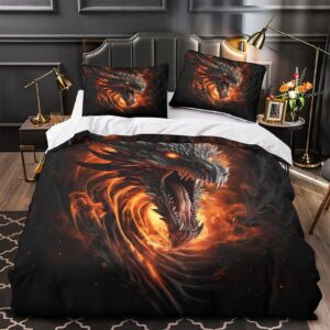 Flame Dragon for Teens And Adults Quilt Cover 3D Print Mythical Creature Comforter Covers Duvet Cover with Pillow Cases Bedding Set Soft Microfiber with Zipper Closure 3 Pieces Queen（228x228cm）