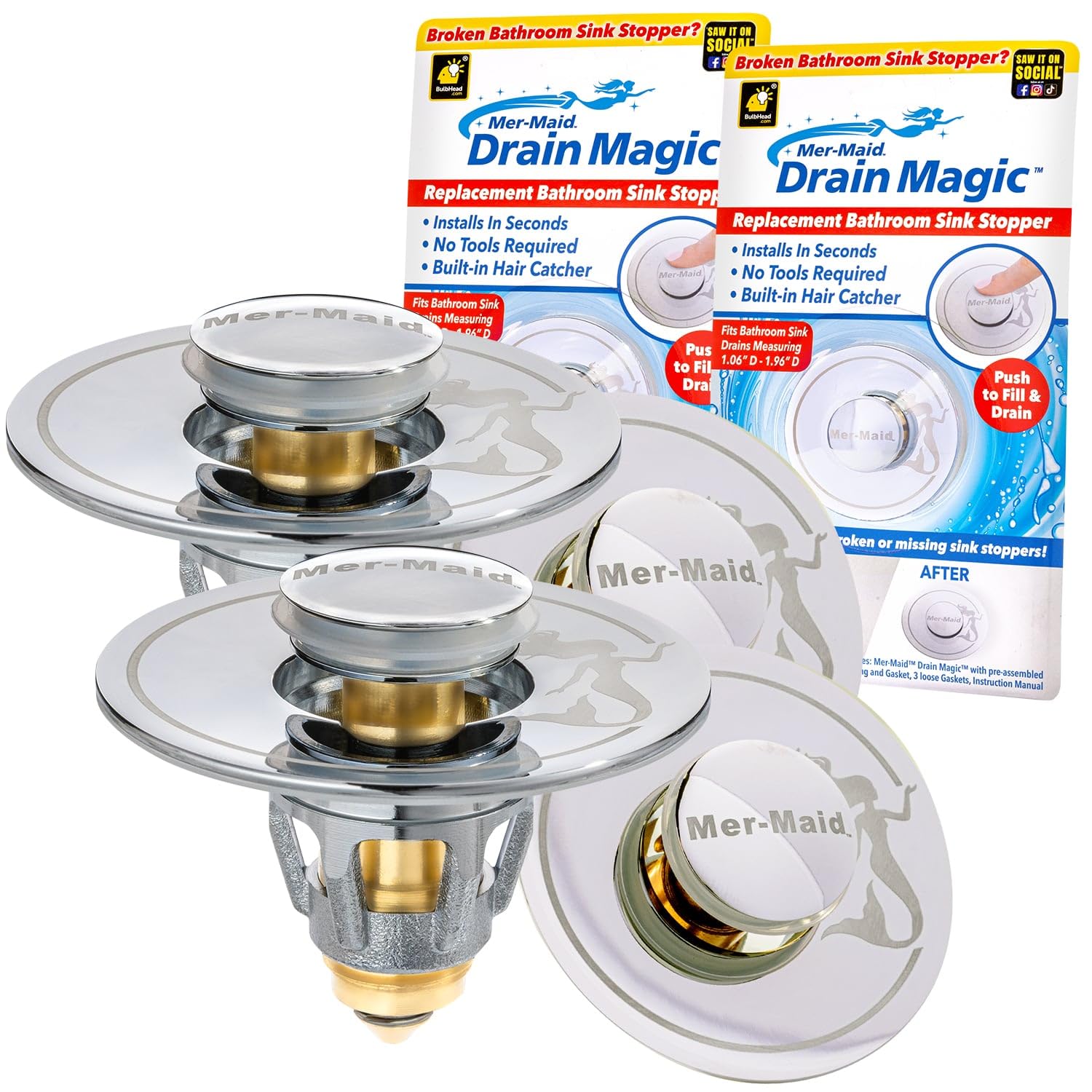 Mer-Maid Drain Magic Universal Sink Stopper, AS-SEEN-ON-TV, Replace Broken or Missing Stoppers, Push to Fill & Drain, Catches Hair & Prevents Clogs, Silicone Seal, Instant Install, No Tools, 2 Pack