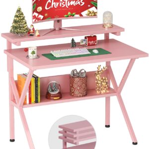 COTUBLR Small Desk, 27.5 Inch Small Computer Desk for Small Spaces, Computer Desk with Adjustable Monitor Stand, Compact Desk with Storage, Tiny Desk Study Desk for Bedroom Home Office, Pink