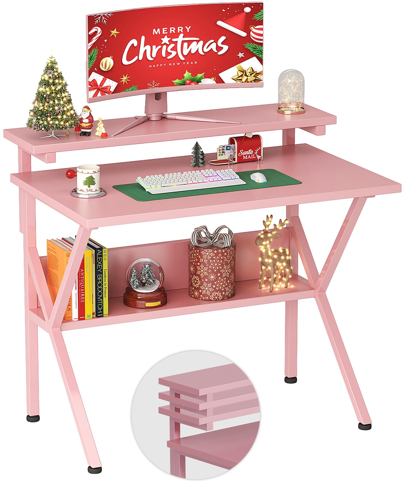 COTUBLR Small Desk, 27.5 Inch Small Computer Desk for Small Spaces, Computer Desk with Adjustable Monitor Stand, Compact Desk with Storage, Tiny Desk Study Desk for Bedroom Home Office, Pink