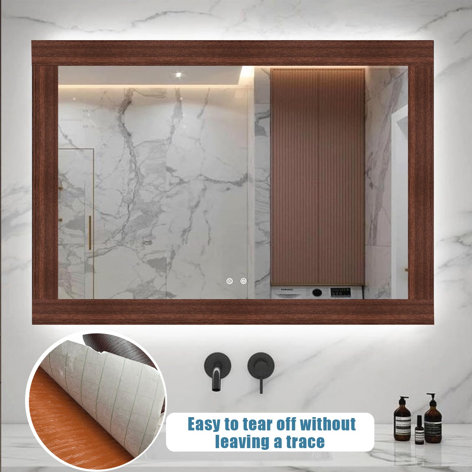 YESUS 10M Brown Walnut Wood Grain Wallpaper Border Removable PVC Waterproof Peel and Stick Wallpaper,Bathroom Mirror Frame Border Sticker Wall Decor 3.93in by 393in