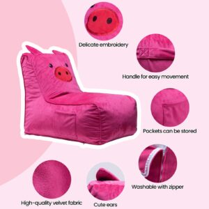 Cvortll Bean Bag Chair for Kids, Cute Pig L-Shape Animal Bean Bag Sofa with Top Handles and Side Pockets, Cute Soft and Comfy Bean Bag Chair with Filler Included, Ages 1+ Children's Day Gifts