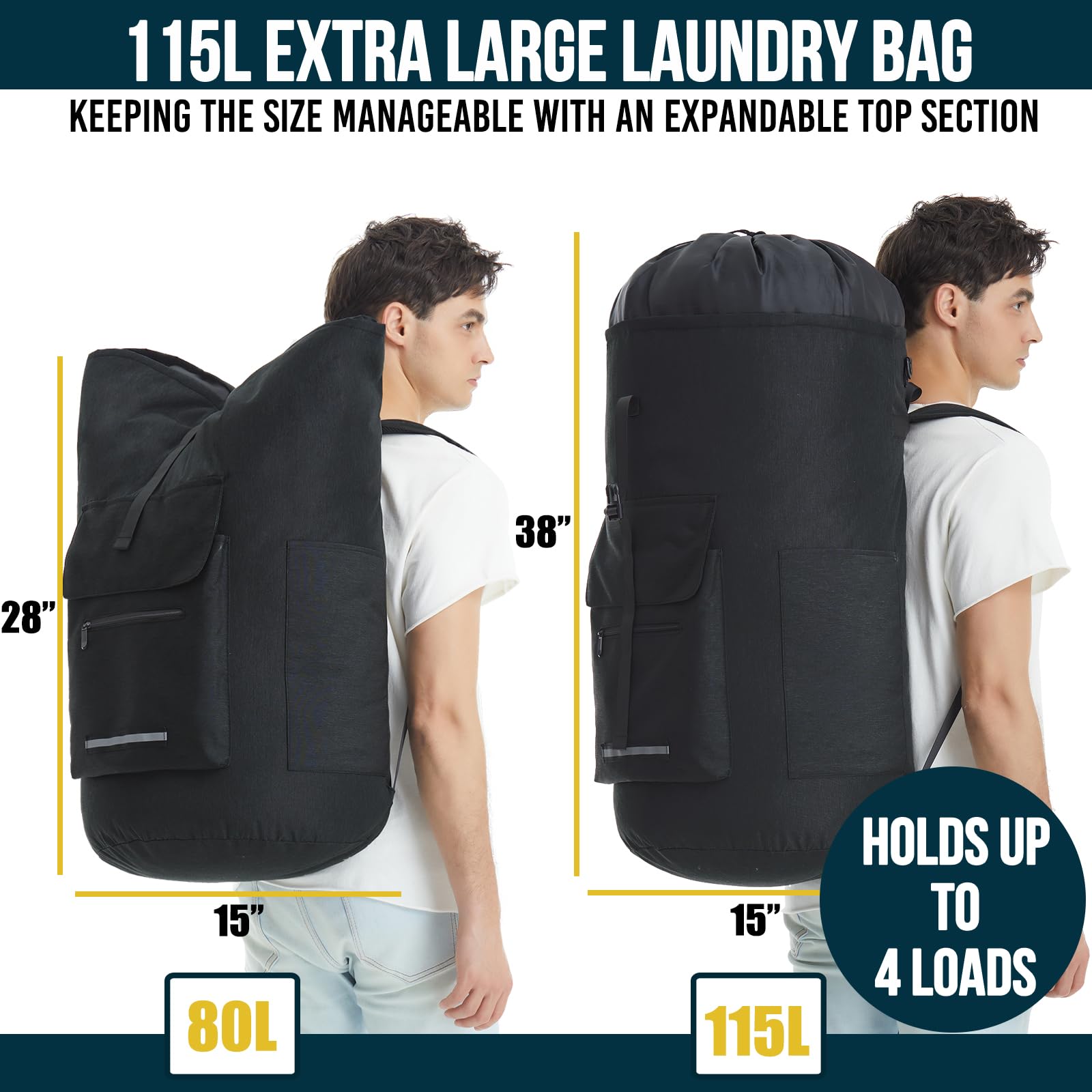 Laundry Bag Extra Large 115L, Laundry Backpack Bag, Laundry Bags Extra Large Heavy Duty, Laundry Bag with Straps, Backpack Laundry Bag with 4 Pockets, College Laundry Bag for Dorm Room, Laundromat