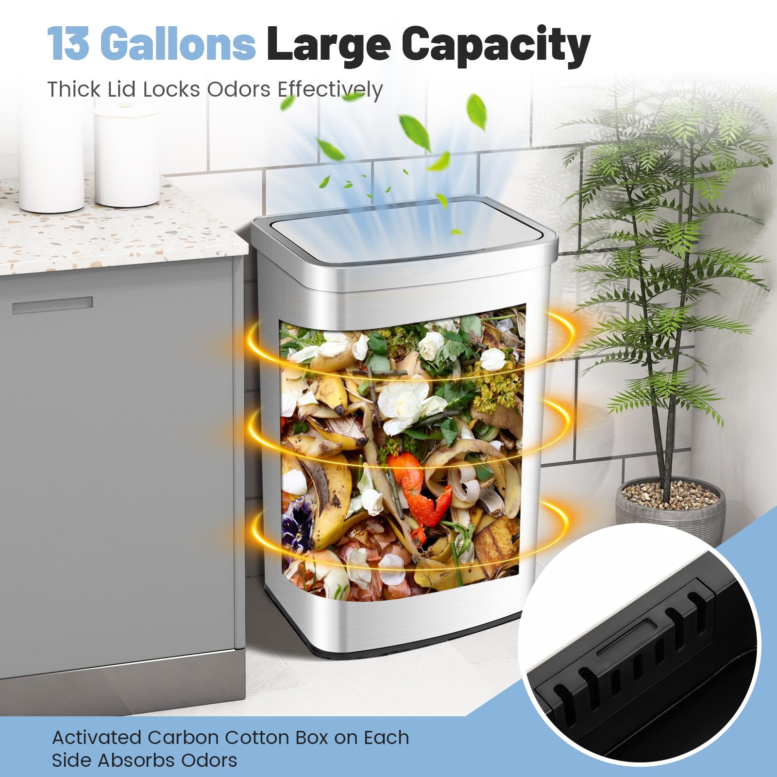 Goplus 13 Gallon/ 50 Liter Automatic Trash Can, Rectangular Motion Sensor Waste Trash Bin w/Soft Close Lid & Deodorizer Compartment, Smart Touchless Stainless Steel Garbage Can for Kitchen Office