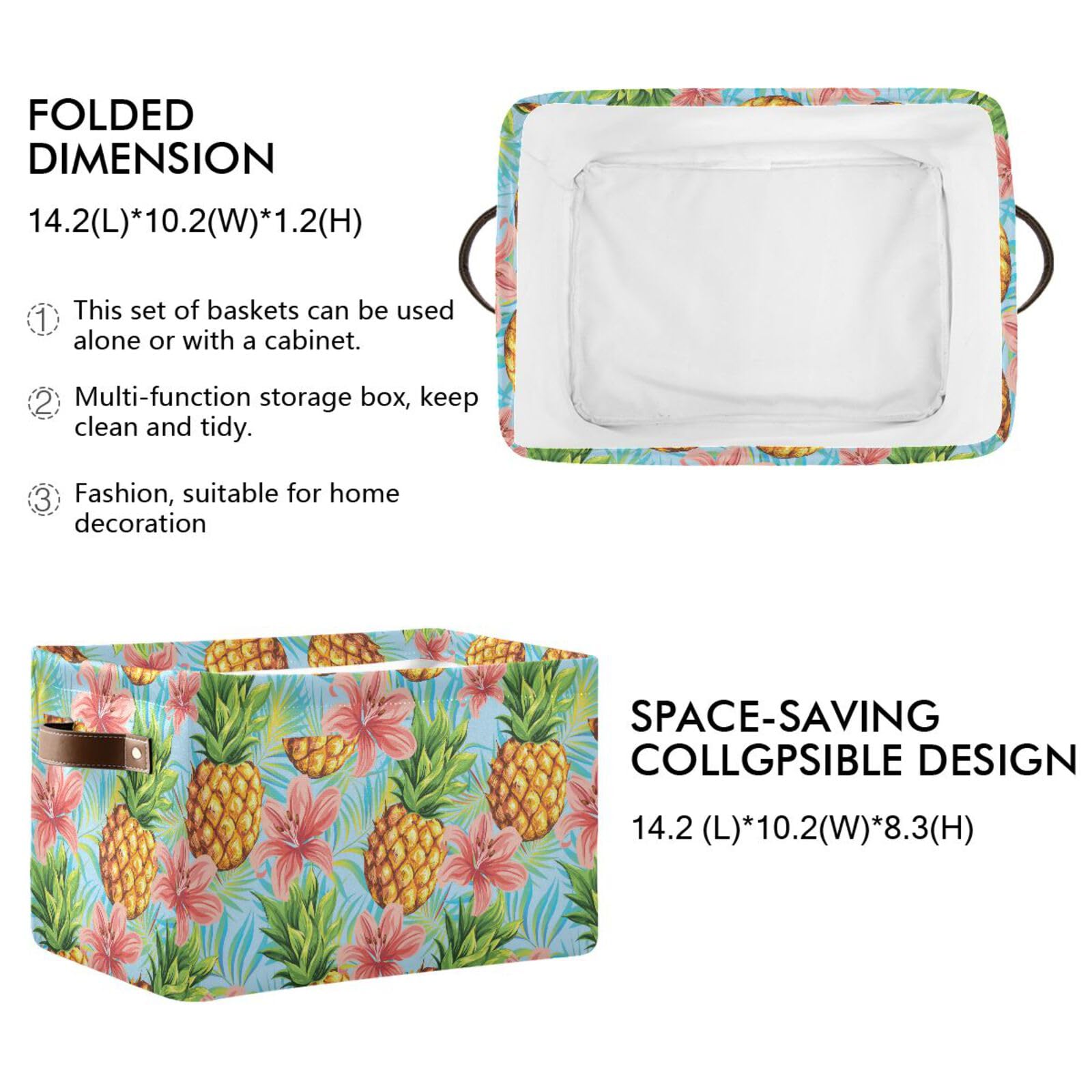 xigua Pineapple Storage Basket 1 Pack, Foldable Canvas Fabric Rectangular Storage Bin with Handles for Home, Closet, Office, Bedroom