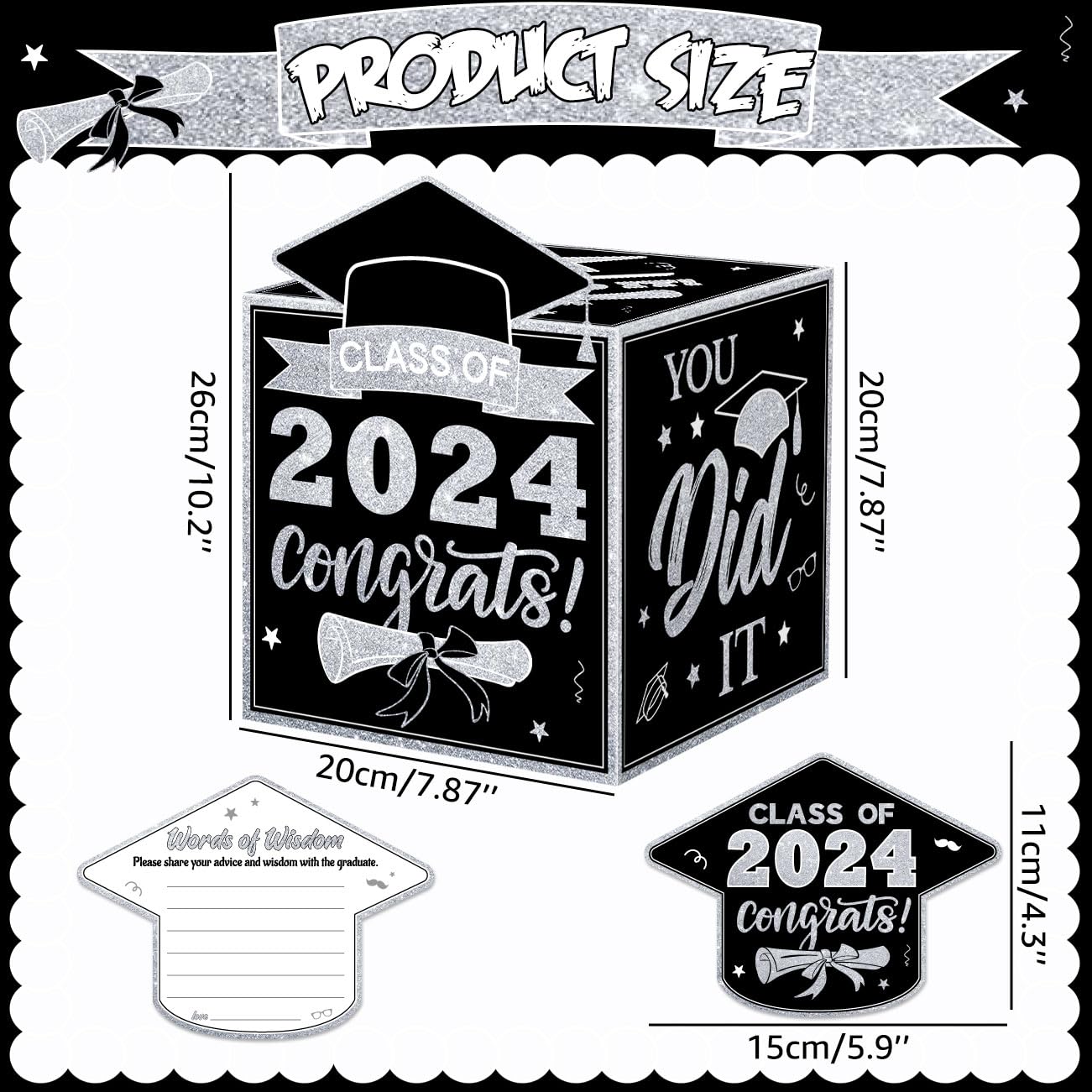 Graduation Card Box 2024 Graduation Decorations, Congrats Grad Card Box with 48 PCS Advice Cards, Black and Sliver Class of 2024 Graduation Gift Card Box for College High School Grad Party Supplies