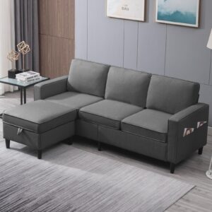 puremind 78 inches convertible sectional sofa, linen l-shaped sofa couch with reversible storage ottoman, wooden legs, 3-seat sectional couches for small space, apartment, office (dark grey)…