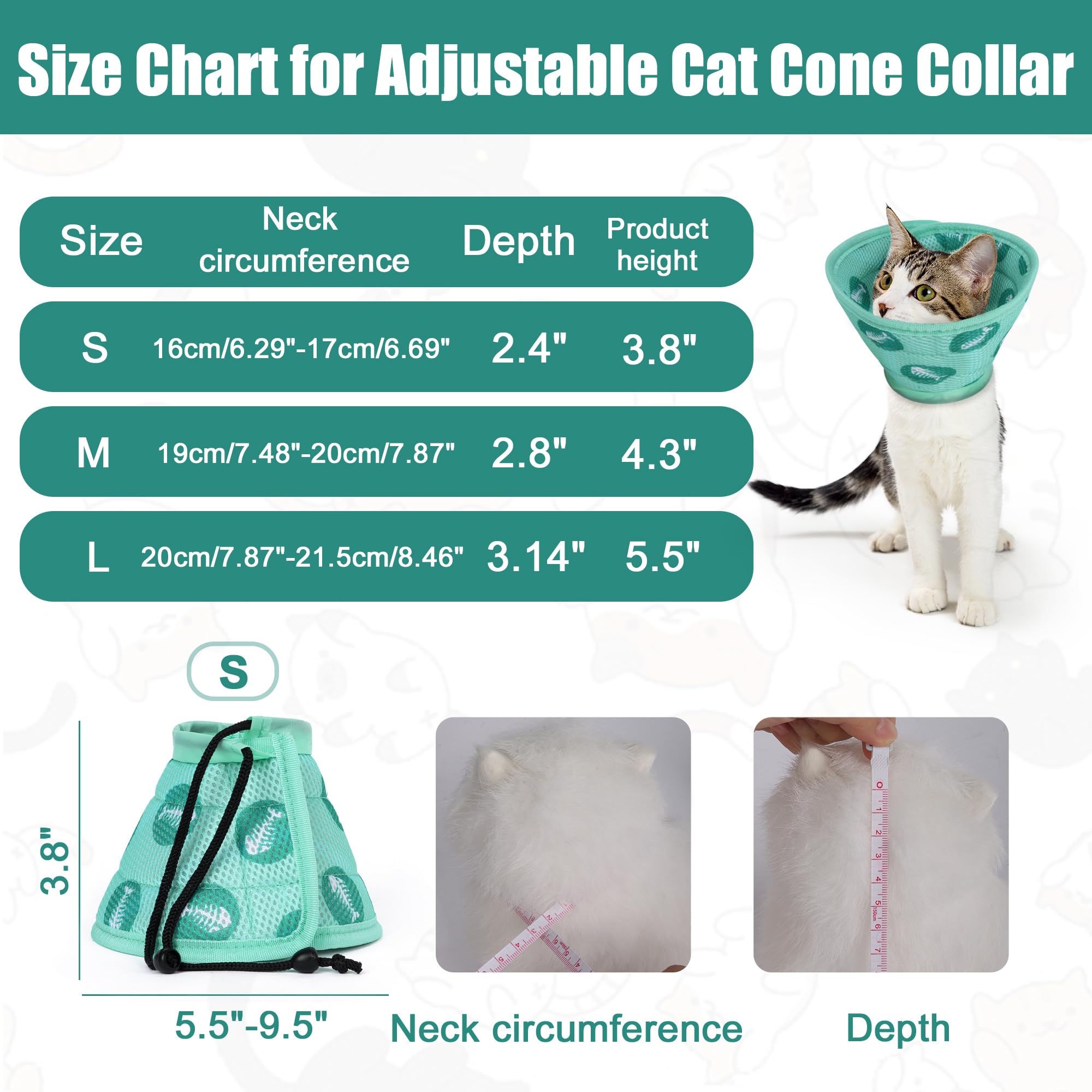 Ledander Soft Cat Cones After Surgery Tall, Cat Recovery Collars & Cones, Cat Neck Cone Alternative Elizabethan Collar for Cats After Surgery Anti-Bite Lick Wound Healing（Green，S）