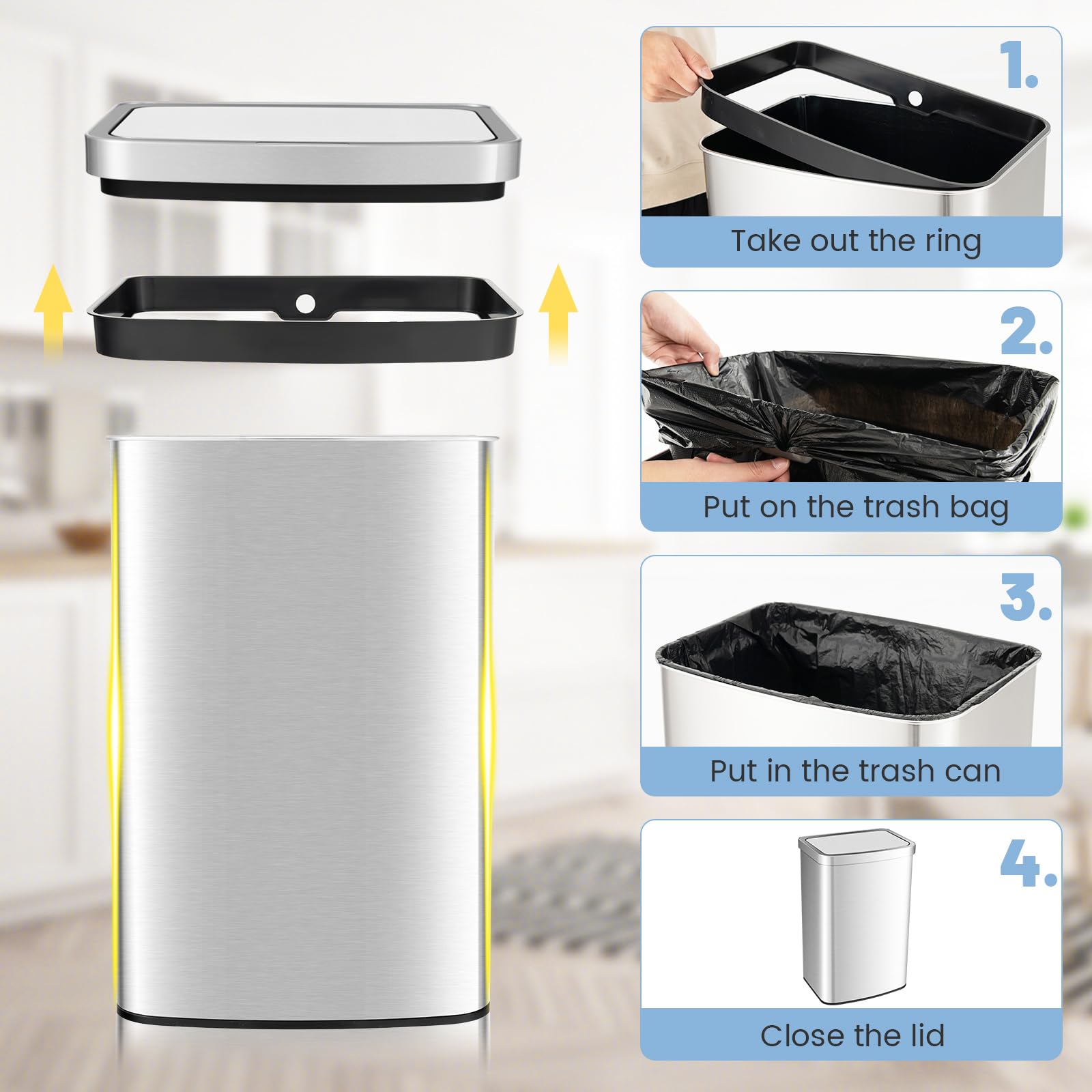 Goplus 13 Gallon/ 50 Liter Automatic Trash Can, Rectangular Motion Sensor Waste Trash Bin w/Soft Close Lid & Deodorizer Compartment, Smart Touchless Stainless Steel Garbage Can for Kitchen Office