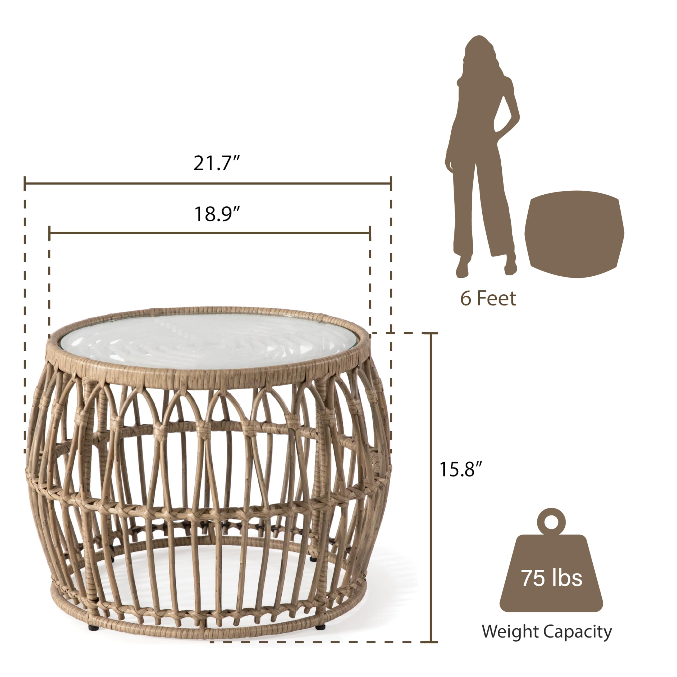 Muse & Lounge Co. Ysar Boho Rattan Round Coffee Table Outdoor with 5mm Tempered Glass Top, All-Weather and Rust Resistant Patio Furniture