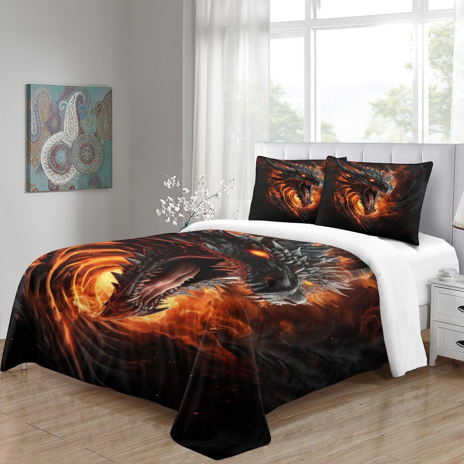 Flame Dragon for Teens And Adults Quilt Cover 3D Print Mythical Creature Comforter Covers Duvet Cover with Pillow Cases Bedding Set Soft Microfiber with Zipper Closure 3 Pieces Queen（228x228cm）