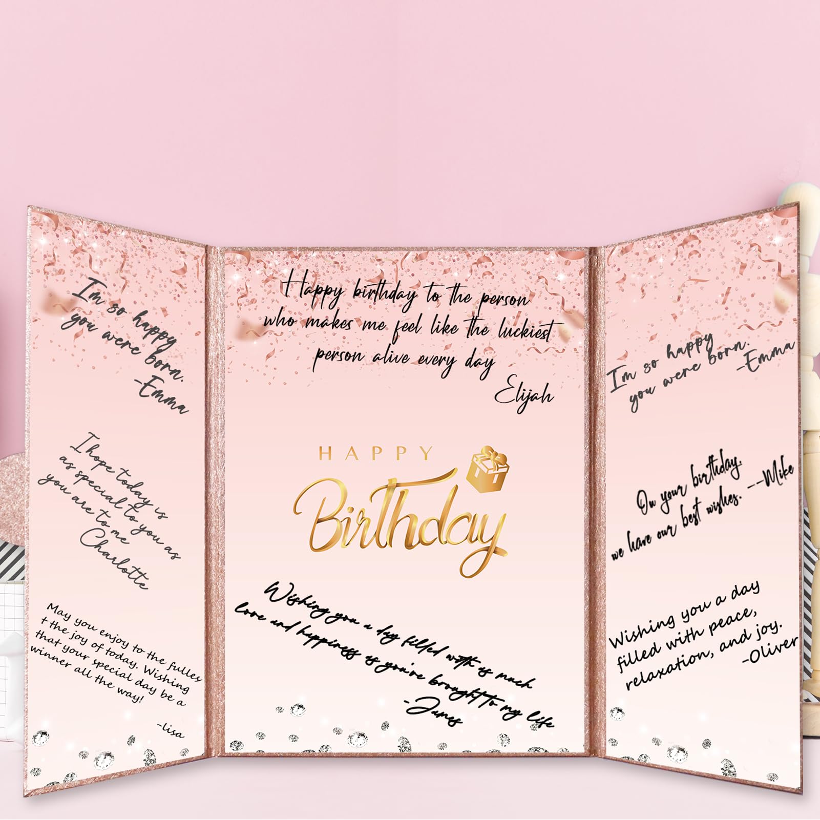 Crenics Rose Gold Happy Birthday Decorations, Creative Birthday Guest Sign in Book Alternative, Birthday Signature Book 18" x 12", Great Birthday Gifts for Women or Girls