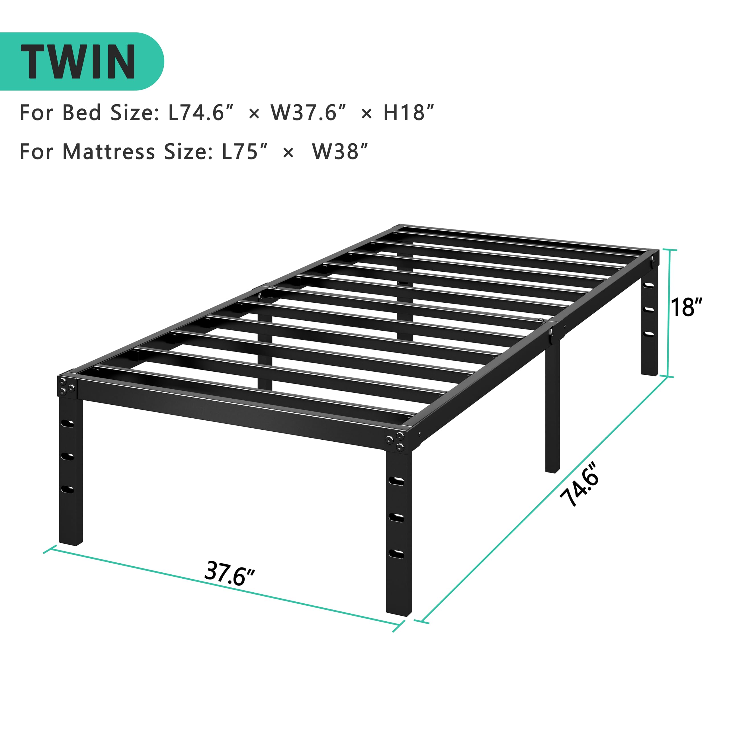 HLIPHA Metal Platform Bed Frame 14 Inch Tall Bed No Box Spring Needed,Twin Size Bed with Heavy Duty Strong Support Slats,Easy to Assemble,Black