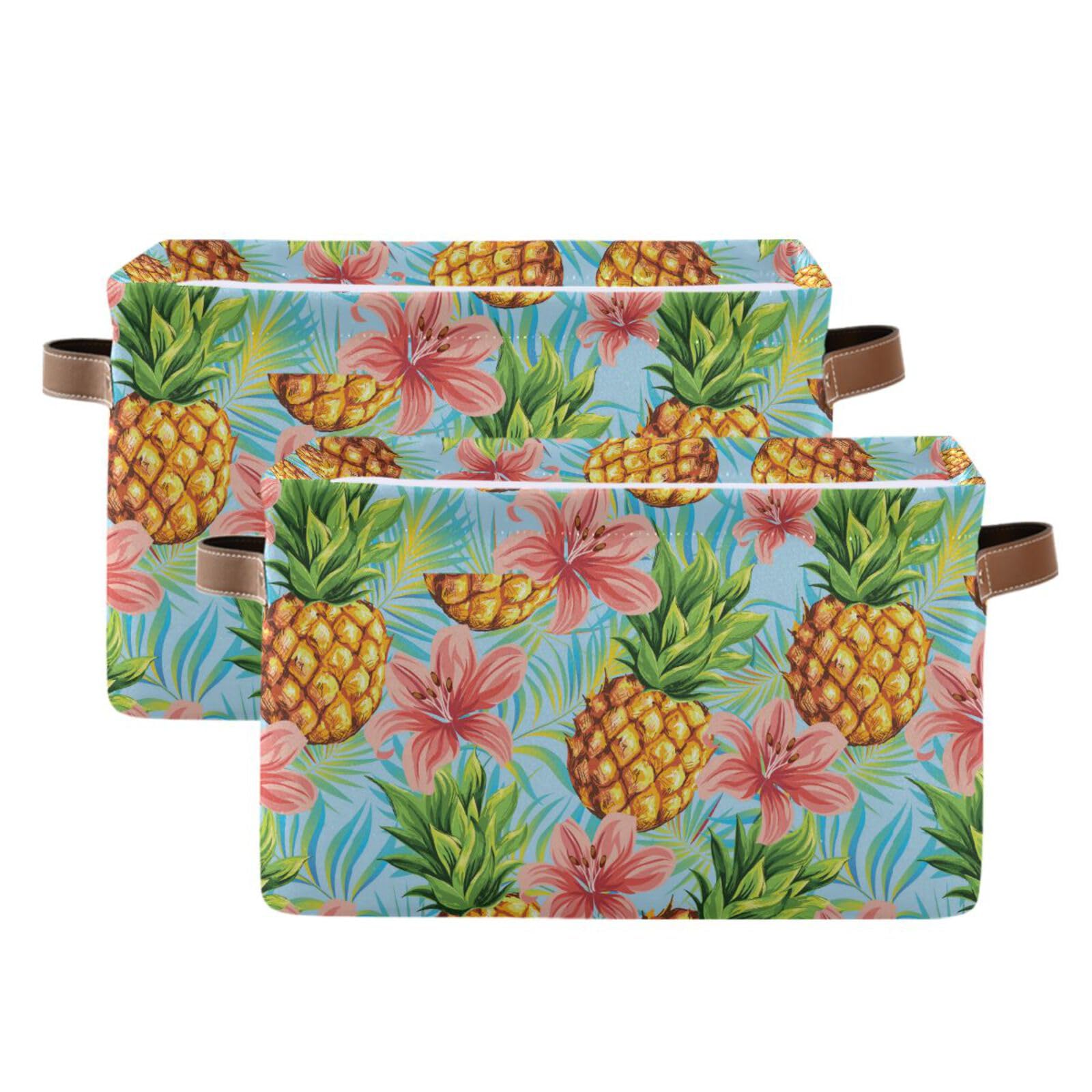 xigua Pineapple Storage Basket 1 Pack, Foldable Canvas Fabric Rectangular Storage Bin with Handles for Home, Closet, Office, Bedroom