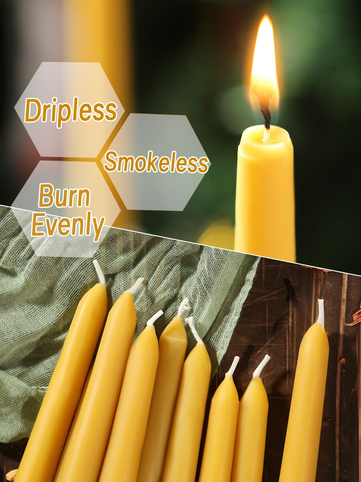 6 Packs Natural Beeswax Taper Candles- 10 inch Beeswax Candles, Smokeless and Dripless Beeswax Candles- 10 Hour Burn Time Beeswax Candlesticks- for Christmas Home Decor Air Purification Spa Relaxation