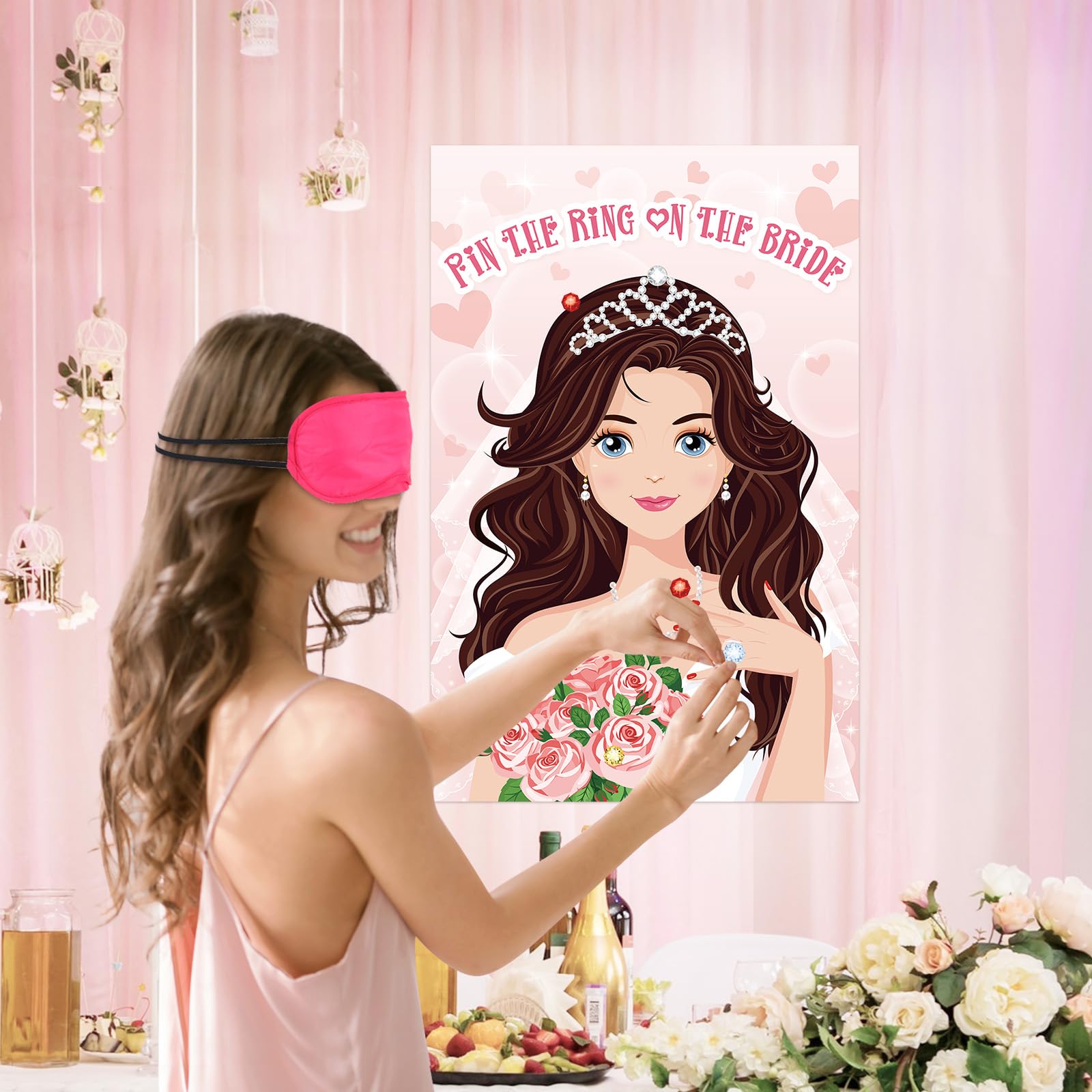 Hooqict Bridal Shower Games Pin The Ring on The Bride for Engagement Wedding Bachelorette Party Decorations, Large Game Poster with 42 Stickers for Bachelorette Party Games Girls Night Party Games