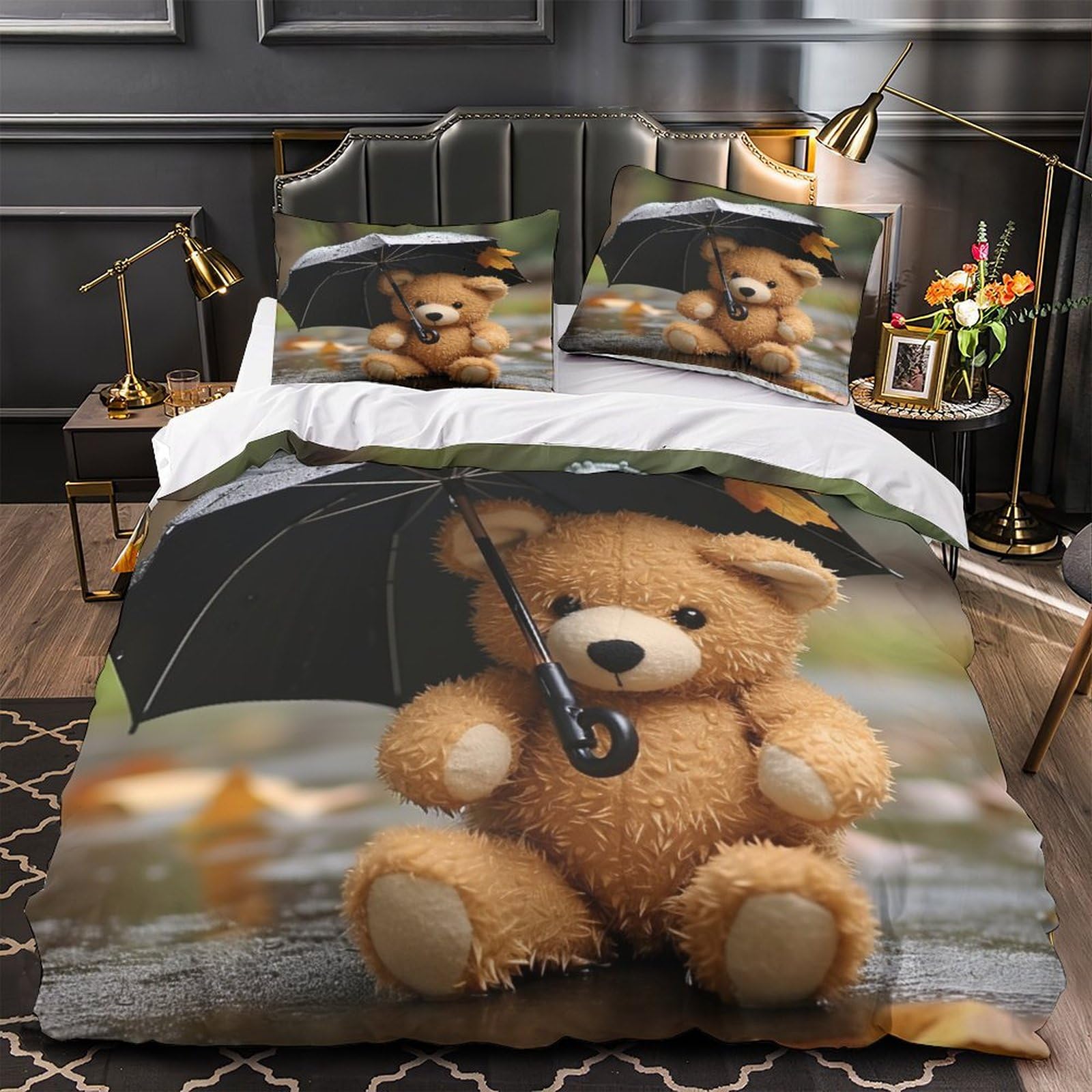 SorEci Teddy Bear Duvet Cover Pillow Sham 3D Black Umbrella Pattern Comforter Covers Bed Set for Kids Teen Adult Bedroom Decorations with 2 Pillow Shams Twin（173x218cm）, Style-8