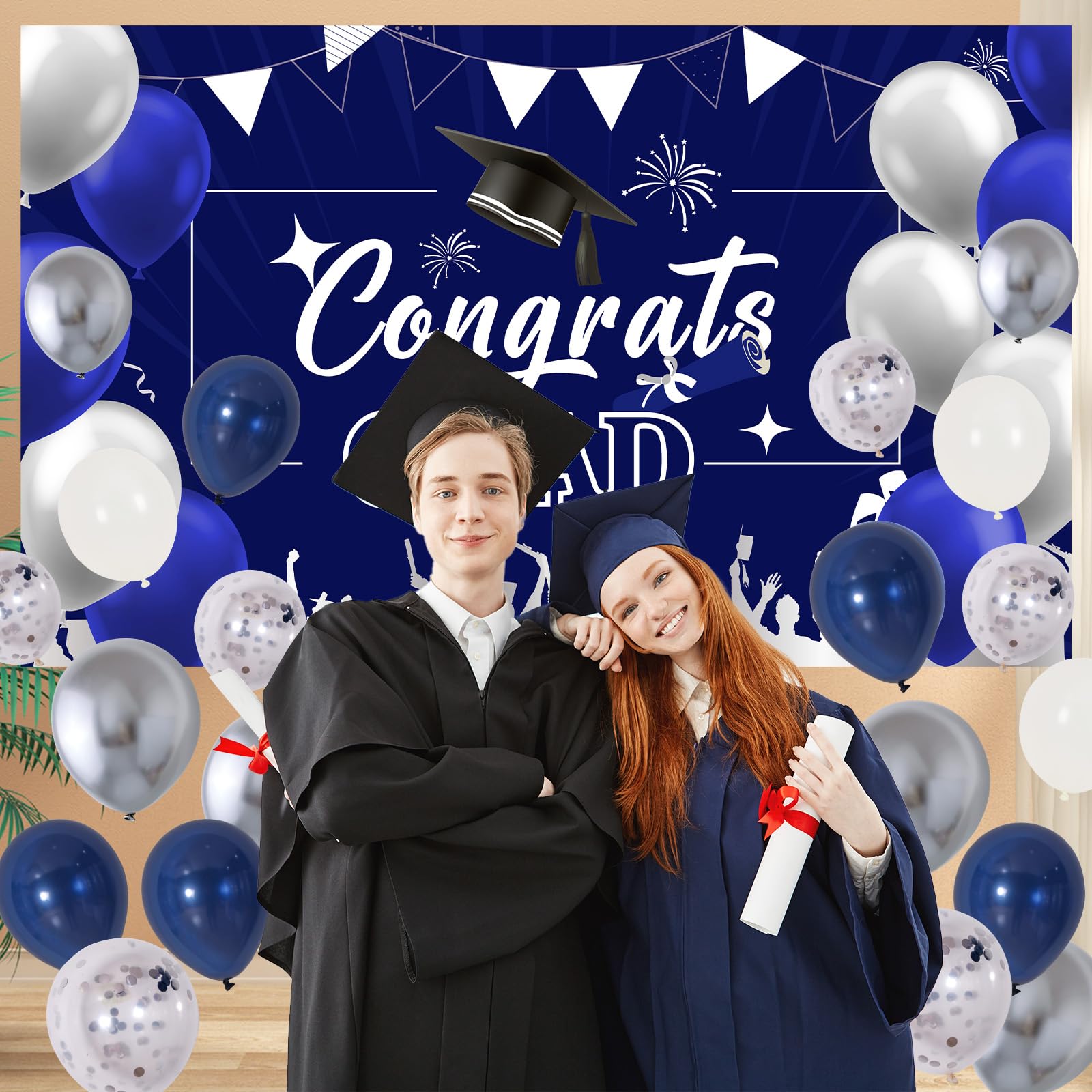 Graduation Decorations Class of 2024, Navy Blue Graduation Party Decorations 2024 Congrats Grad Banner Backdrop, Tablecloth, Star Foil Balloons Arch, 2024 Grad Decor for College High School Nurse