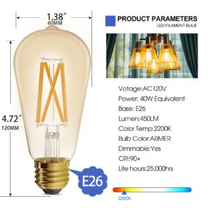 VATION LIGHTING 6 Pack ST19 𝐀𝐦𝐛𝐞𝐫 𝐆𝐥𝐨𝐰 𝐕𝐢𝐧𝐭𝐚𝐠𝐞 𝐄𝐝𝐢𝐬𝐨𝐧 𝐋𝐢𝐠𝐡𝐭 𝐁𝐮𝐥𝐛 LED Filament Bulb 5W with Amber Glass, 90+ High CRI, Dimmable 2200K, E26 Medium Base, UL Listed