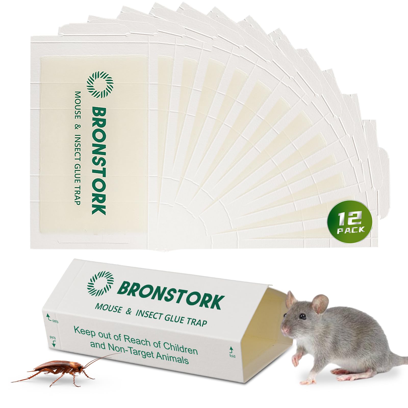 BRONSTORK 12 Pack Mouse Glue Traps, Sticky Mouse Traps Pre-Scented Adhesive Glue Boards for Mice, Insects, Cockroach, Spider, Rodents Sticky Adhesive Pest Control Trap for Indoor, Non Toxic, No Mess