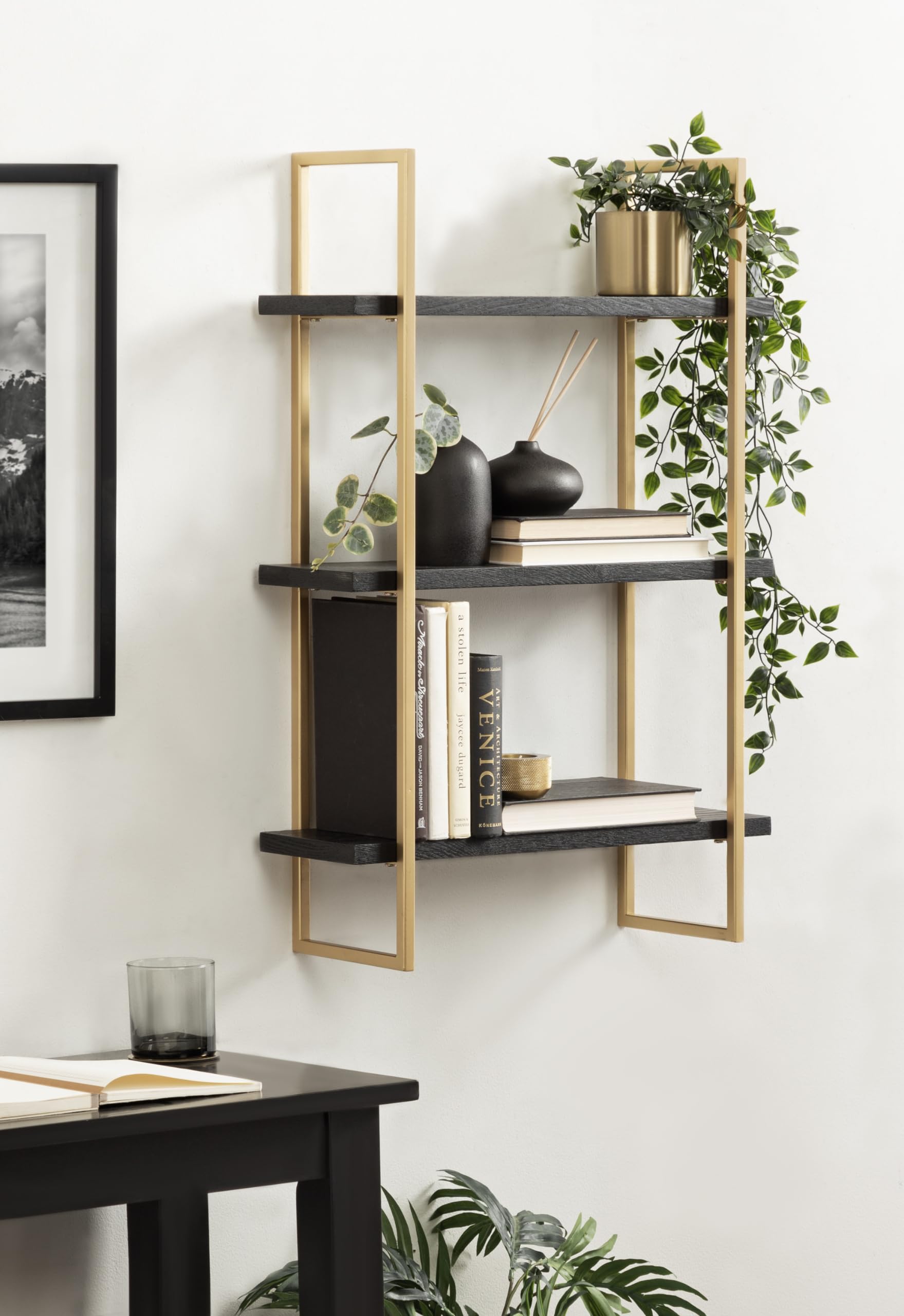 Kate and Laurel Leigh Modern 3 Tier Wall Shelf, 20 x 7 x 30, Black and Gold, Decorative Contemporary Glam Multi-Tiered Shelf Wall Organizer for Storage and Display