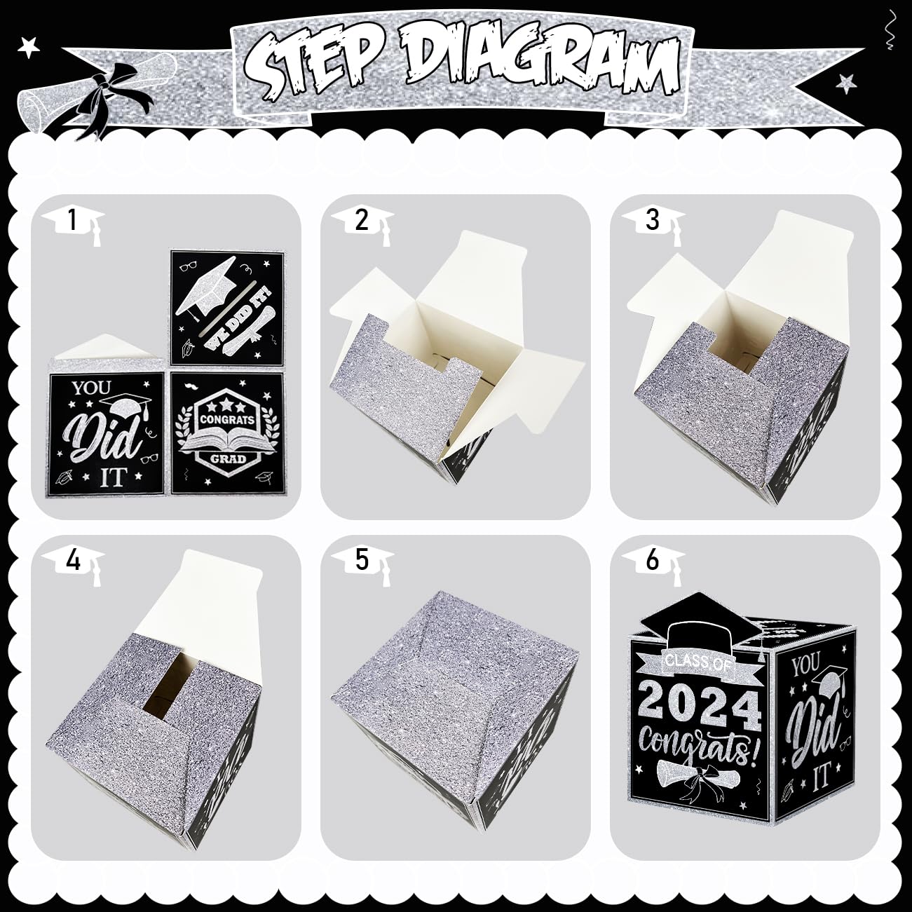 Graduation Card Box 2024 Graduation Decorations, Congrats Grad Card Box with 48 PCS Advice Cards, Black and Sliver Class of 2024 Graduation Gift Card Box for College High School Grad Party Supplies