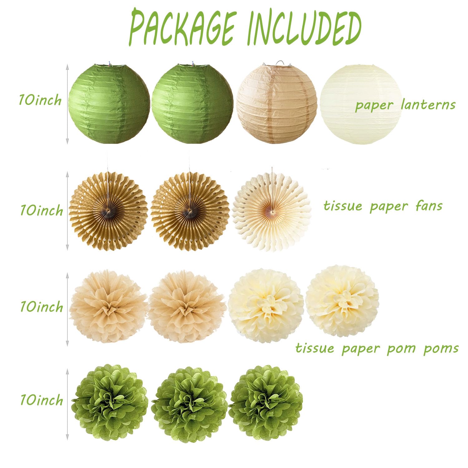 Olive Green Tan Brown Cream Party Decoration Paper Lanterns Fans Tissue Paper Pom Poms Rustic Olive Green Decorations for Birthday Baby Shower Neutral Party Bridal Shower Wedding Party Decorations