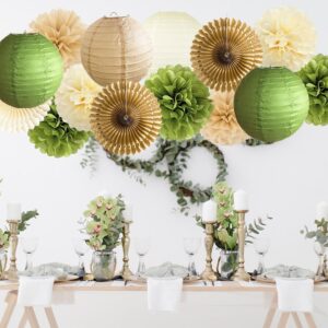 Olive Green Tan Brown Cream Party Decoration Paper Lanterns Fans Tissue Paper Pom Poms Rustic Olive Green Decorations for Birthday Baby Shower Neutral Party Bridal Shower Wedding Party Decorations