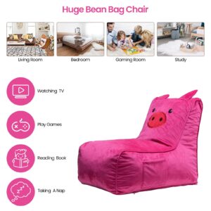 Cvortll Bean Bag Chair for Kids, Cute Pig L-Shape Animal Bean Bag Sofa with Top Handles and Side Pockets, Cute Soft and Comfy Bean Bag Chair with Filler Included, Ages 1+ Children's Day Gifts