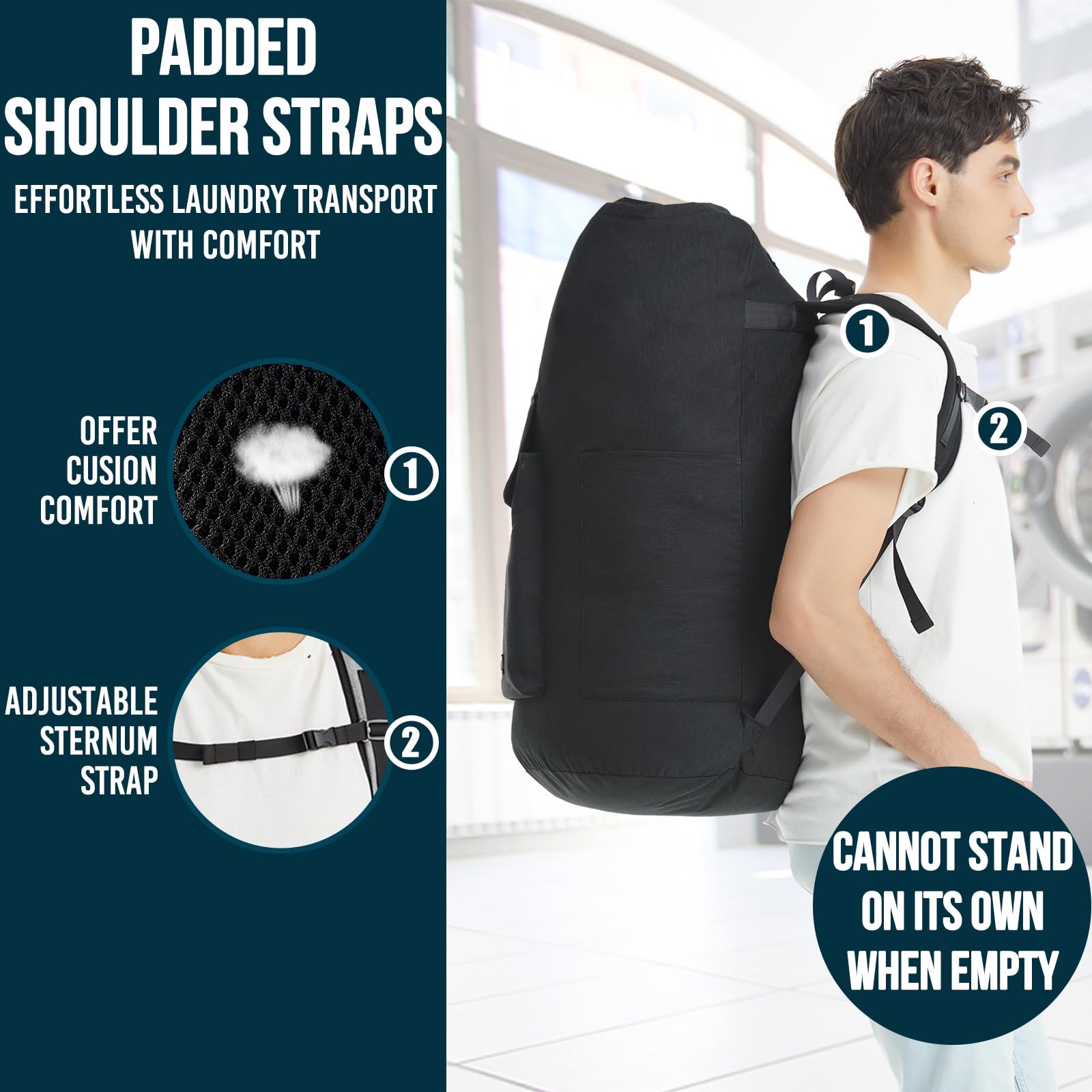 Laundry Bag Extra Large 115L, Laundry Backpack Bag, Laundry Bags Extra Large Heavy Duty, Laundry Bag with Straps, Backpack Laundry Bag with 4 Pockets, College Laundry Bag for Dorm Room, Laundromat