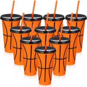 domensi 24 pcs christmas plastic tumbler with lid and straw 24 oz reusable cups party favors coffee mug plastic drinking cups for kid adult themed birthday party favor xmas gifts(basketball)