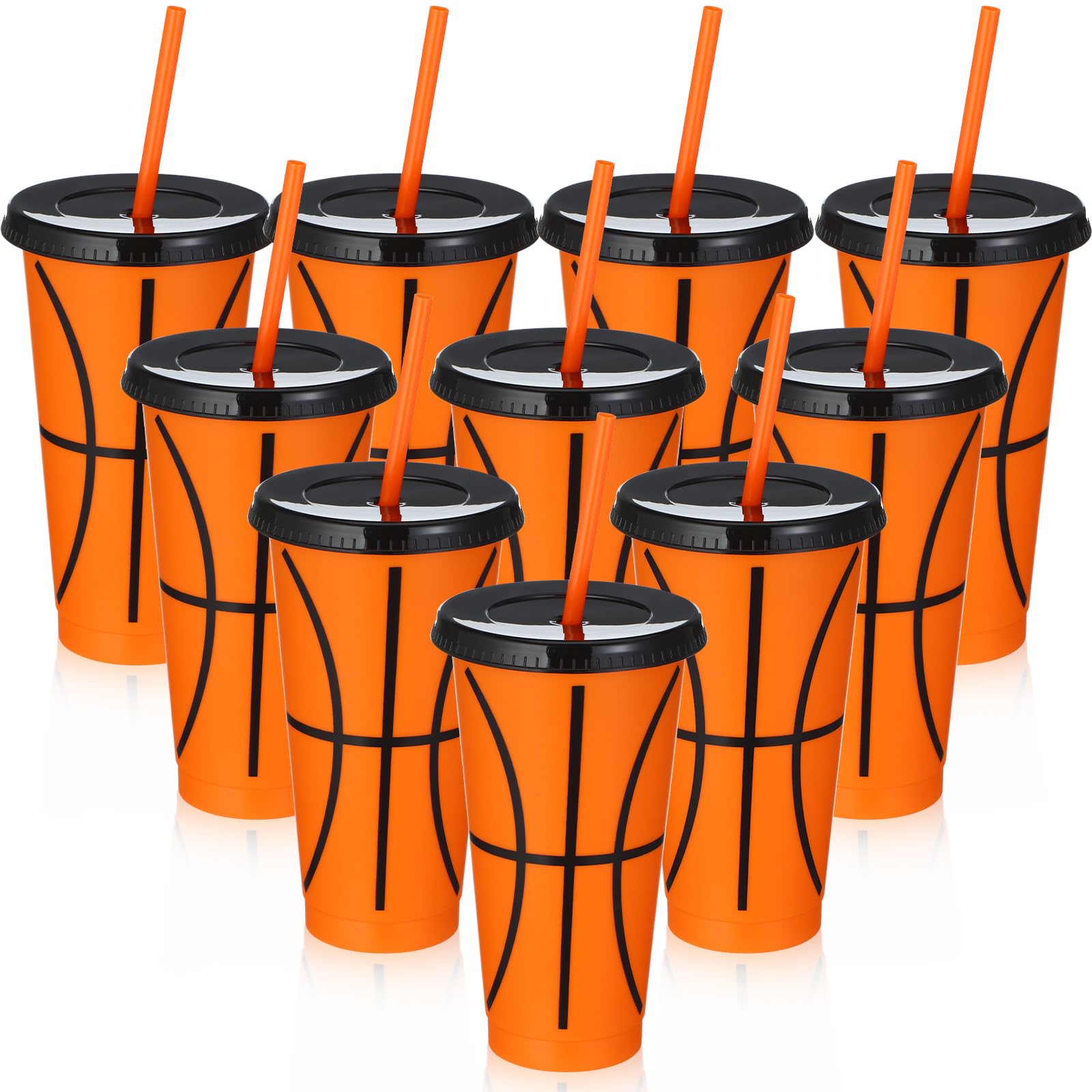 Domensi 24 Pcs Christmas Plastic Tumbler with Lid and Straw 24 oz Reusable Cups Party Favors Coffee Mug Plastic Drinking Cups for Kid Adult Themed Birthday Party Favor Xmas Gifts(Basketball)