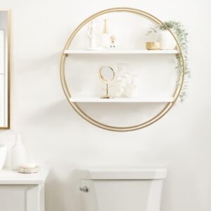 Kate and Laurel Sequoia Modern Round Wall Shelf, 24 Inch Diameter, White and Gold, Contemporary Glam 2-Tier Floating Shelf Decor for Living Room, Bedroom, or Bathroom Display