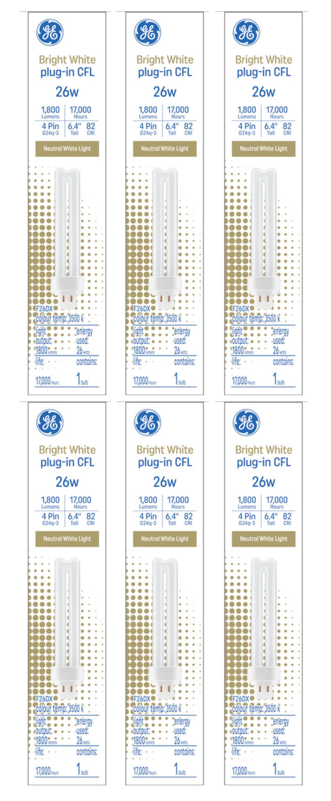 GE (6 Bulbs) Lighting Bright White 26 watt Plug-in CFL, G24q-3 Base, 6.4 inch, F26DX 3500K, 1800 Lumen, Compact Fluorescent Light Bulb