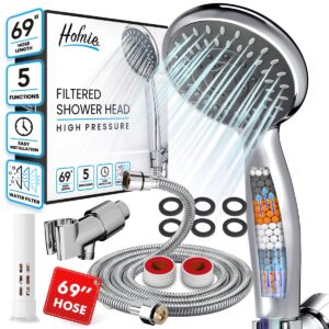 filtered shower head with handheld, shower heads high pressure 5 spray modes, 3 stage hard water shower filter with stainless steel hose, adjective bracket, water softener shower head filters